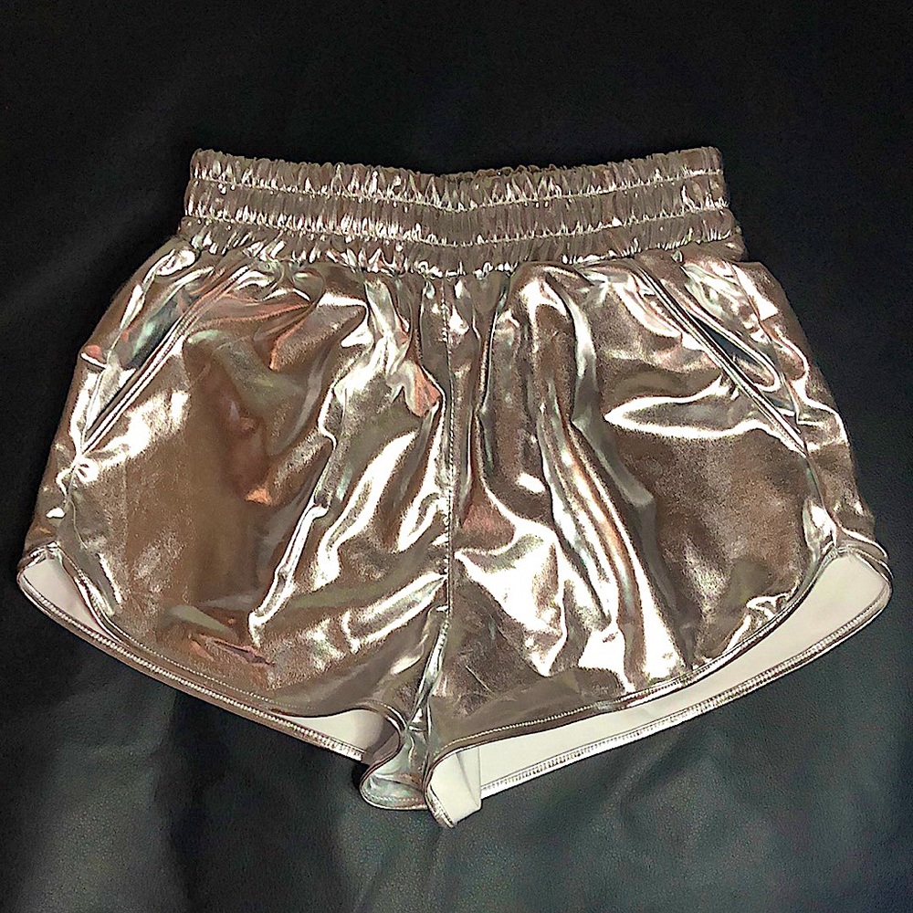 Iridescent Silver Shorts with pockets. Small. NEVER WORN.